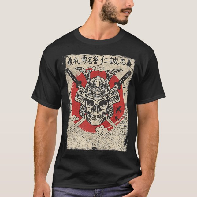 Japanischer Samurai Warrior Schwertsmann Oni Maske T-Shirt (Vorderseite)