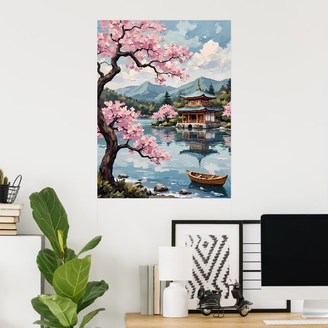 Japanischer See mit Kirschblüten Poster (Heimbüro)