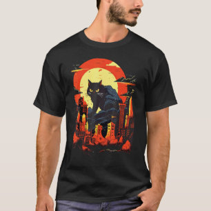 Japanischer Sonnenuntergang Riesen-Schwarze Katze T-Shirt