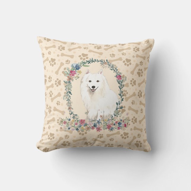 Japanischer Spitz Dog Paw Print & Floral Niedlich Kissen (Vorderseite)
