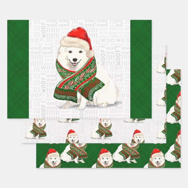 Japanischer Spitz Weihnachtshund und Grün Kariert Geschenkpapier Set (Set)
