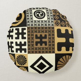 Japanischer Stil, schwarze goldene nahtlose Muster Rundes Kissen