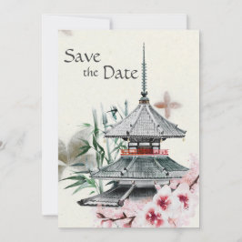 Japanischer Tempel, Bamboo, Kirschblüten Hochzeit Save The Date