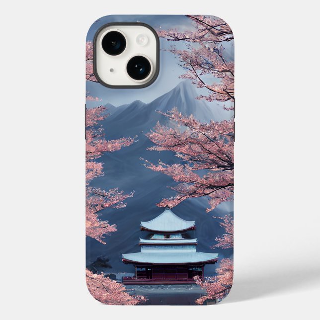 Japanischer Tempel, Kirschblüten, Gebirge Moderne Case-Mate iPhone 14 Hülle (Rückseite)
