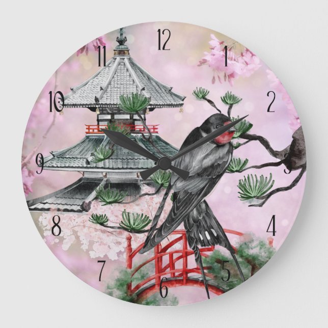 Japanischer Tempel, Schlucken und Kirschblossom Ja Große Wanduhr (Vorderseite)