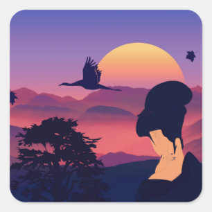 Japanischer Thema-Geisha-Baum und aufgehende Sonne Quadratischer Aufkleber