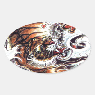 Japanischer Tiger Tattoo Ovaler Aufkleber