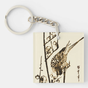 Japanischer Vogel auf einem Ast - Braun und Beige Schlüsselanhänger