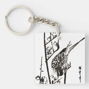 Japanischer Vogel auf einem Ast - Schwarz und Weiß Schlüsselanhänger