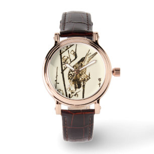Japanischer Vogel auf Zweig - Braun und Beige Armbanduhr