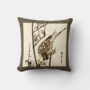 Japanischer Vogel auf Zweig - Braun und Beige Kissen