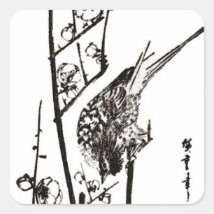 Japanischer Vogel auf Zweig - Schwarz und Weiß Quadratischer Aufkleber