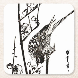Japanischer Vogel auf Zweig - Schwarz und Weiß Rechteckiger Pappuntersetzer