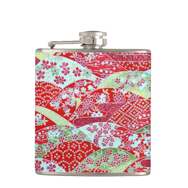 Japanischer Washi Red Floral Origami Yuzen Hip Fla Flachmann (Vorderseite)
