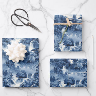 Japanischer Wassergarten in einem blauen weißen Po Geschenkpapier Set