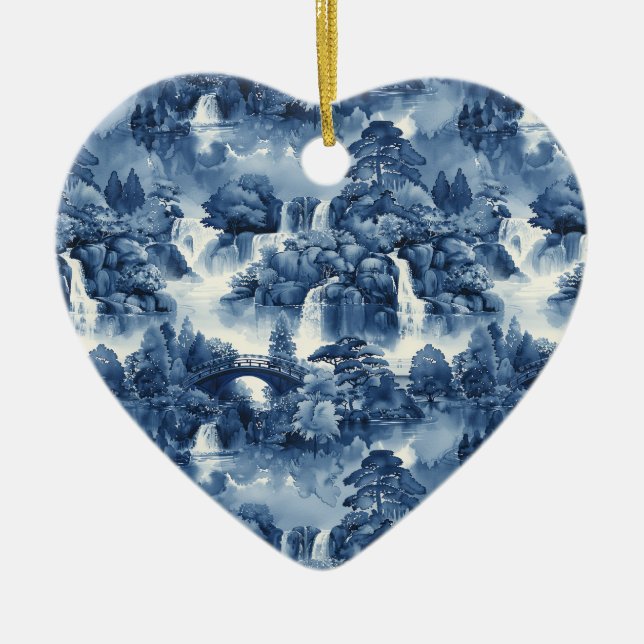 Japanischer Wassergarten in einem blauen weißen Po Keramik Ornament (Vorne)