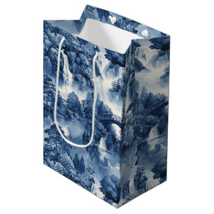 Japanischer Wassergarten in einem blauen weißen Po Mittlere Geschenktüte