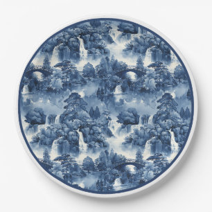 Japanischer Wassergarten in einem blauen weißen Po Pappteller