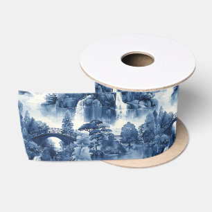 Japanischer Wassergarten in einem blauen weißen Po Satinband