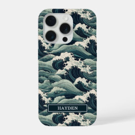 Japanischer Wellenaufdruck monogrammiert iPhone 15 Pro Hülle
