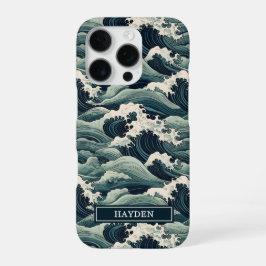 Japanischer Wellenaufdruck monogrammiert iPhone 16 Pro Hülle