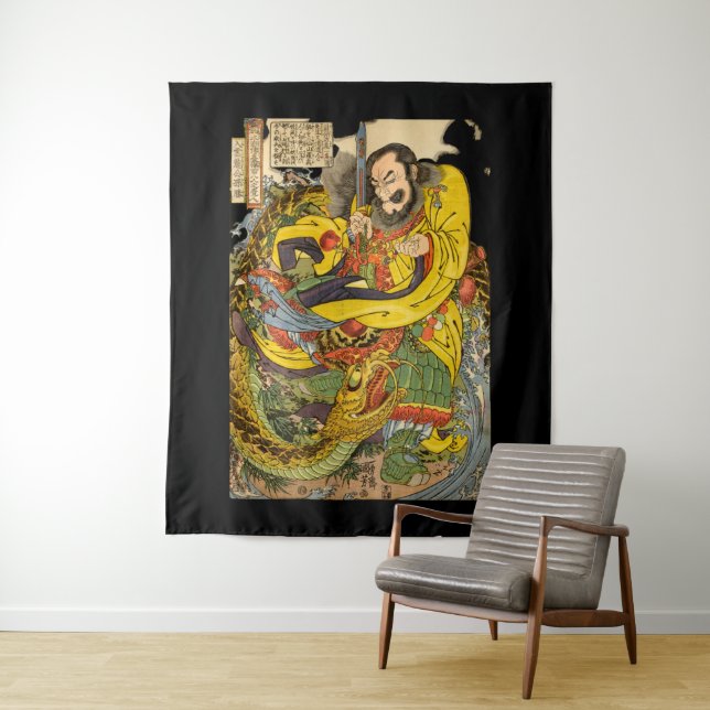 Japanischer Zauberer, der ein Sturmdrachenband her Wandteppich (Beispiel)