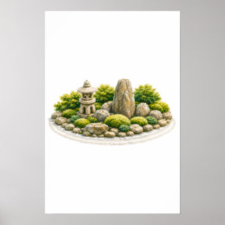 Japanischer Zen-Garten mit steinerner Laterne und Poster