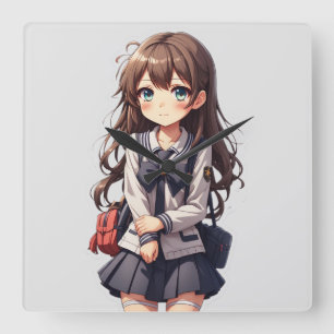 Japanisches Anime School Girl Quadratische Wanduhr