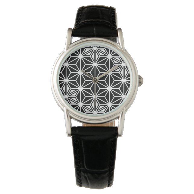 Japanisches Asanoha-Muster - Schwarzweiß Armbanduhr (Vorderseite)
