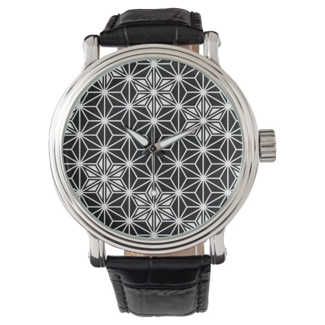 Japanisches Asanoha-Muster - Schwarzweiß Armbanduhr (Vorderseite)