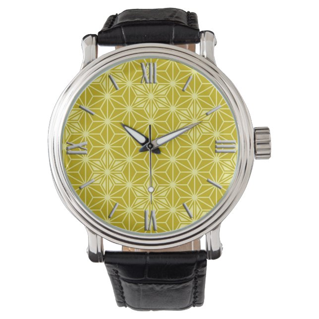 Japanisches Asanoha-Muster - Senfgold Armbanduhr (Vorderseite)