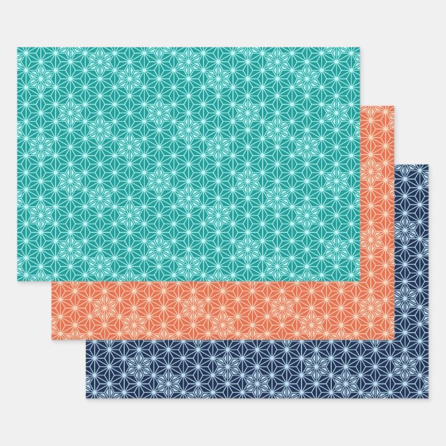 Japanisches Asanoha-Muster, Türkis, Korallen, Blau Geschenkpapier Set (Set)