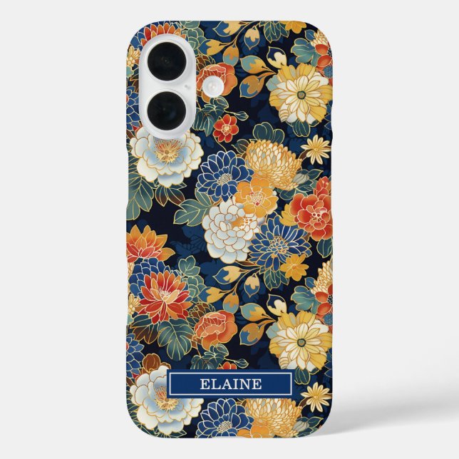 Japanisches blaues Blumenmuster mit Monogramm iPhone 16 Hülle (Rückseite)