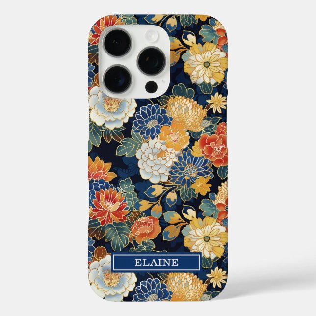 Japanisches blaues Blumenmuster mit Monogramm iPhone 16 Pro Hülle (Rückseite)