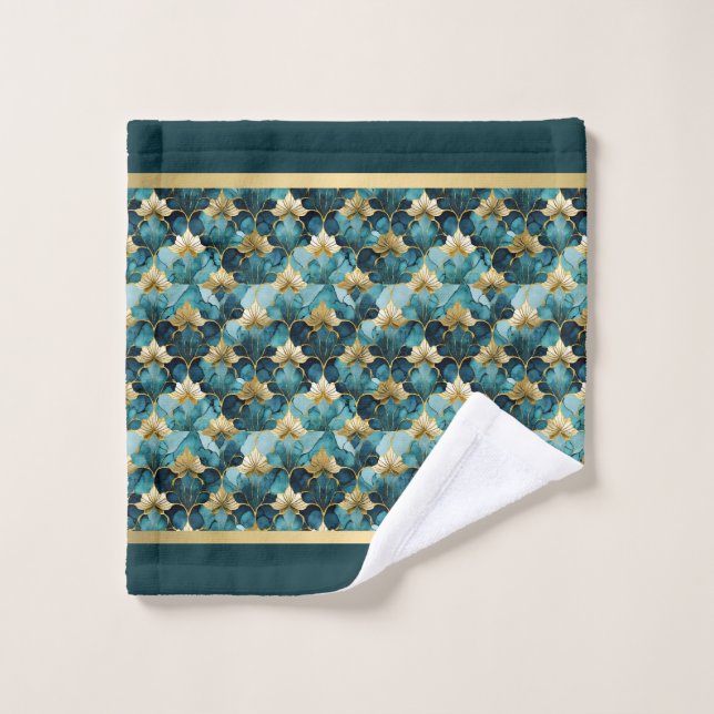 Japanisches Blumenhandtuch-Set mit Aquamarinem Gol Badhandtuch Set (Waschlappen)