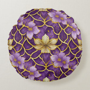 Japanisches Blumenmuster Lila Gold Rundes Kissen