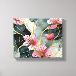 Japanisches Blumenmuster, Rosa mit Gold Leinwanddruck