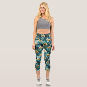 Japanisches Blumenmuster Teal Gold Capri Leggings