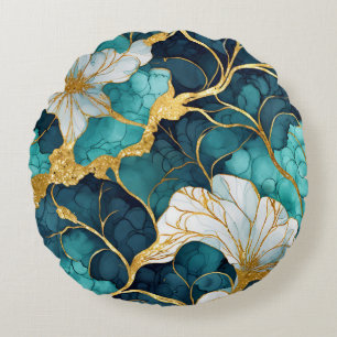 Japanisches Blumenmuster Teal Gold Rundes Kissen