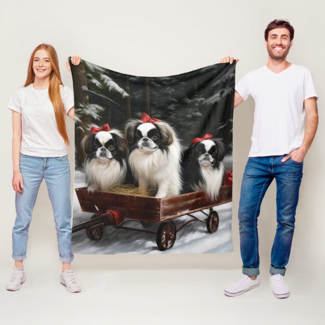 Japanisches Chin Snowy Sleigh Weihnachtsdekor Fleecedecke (Beispiel)