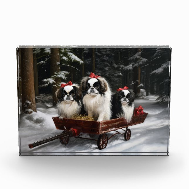 Japanisches Chin Snowy Sleigh Weihnachtsdekor Fotoblock (Vorderseite)