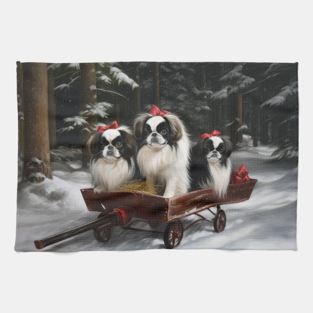 Japanisches Chin Snowy Sleigh Weihnachtsdekor Geschirrtuch (Horizontal)