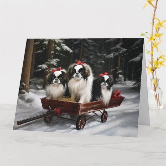 Japanisches Chin Snowy Sleigh Weihnachtsdekor Karte (Gelbe Blume)
