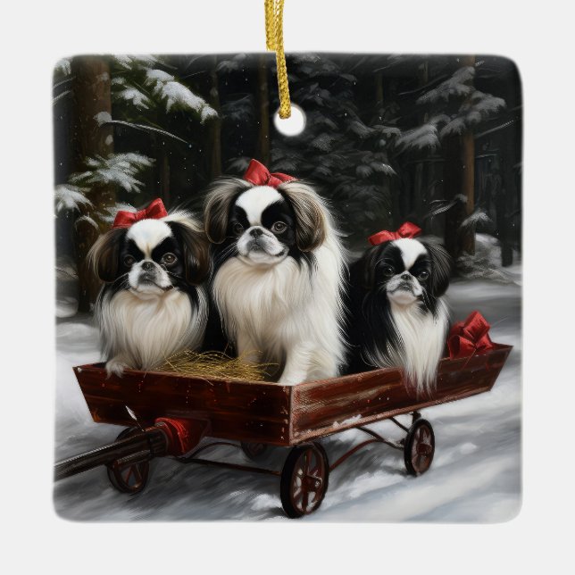 Japanisches Chin Snowy Sleigh Weihnachtsdekor Keramikornament (Vorderseite)