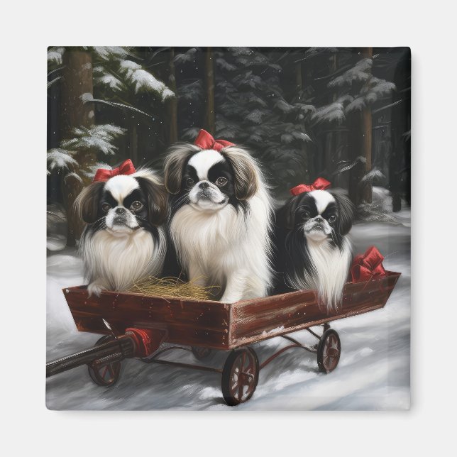 Japanisches Chin Snowy Sleigh Weihnachtsdekor Magnet (Vorne)