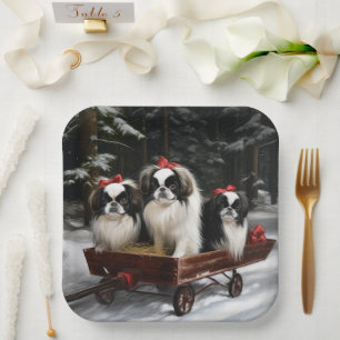 Japanisches Chin Snowy Sleigh Weihnachtsdekor Pappteller