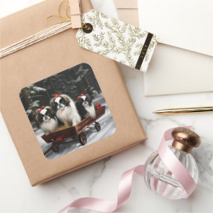 Japanisches Chin Snowy Sleigh Weihnachtsdekor Quadratischer Aufkleber