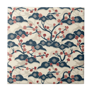 Japanisches Chiyogami Ume Roter Korallen Indigo Cr Fliese