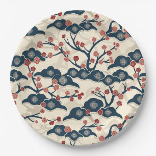 Japanisches Chiyogami Ume Roter Korallen Indigo Cr Pappteller