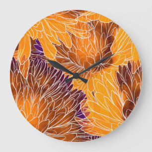 Japanisches Chrysanthemum: Aquarellfarbenes Nahtlo Große Wanduhr